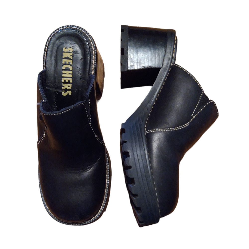 Vintage Y2K Chunky Platform Clogs Size 7 Black Leather Skechers Shoes Mules
